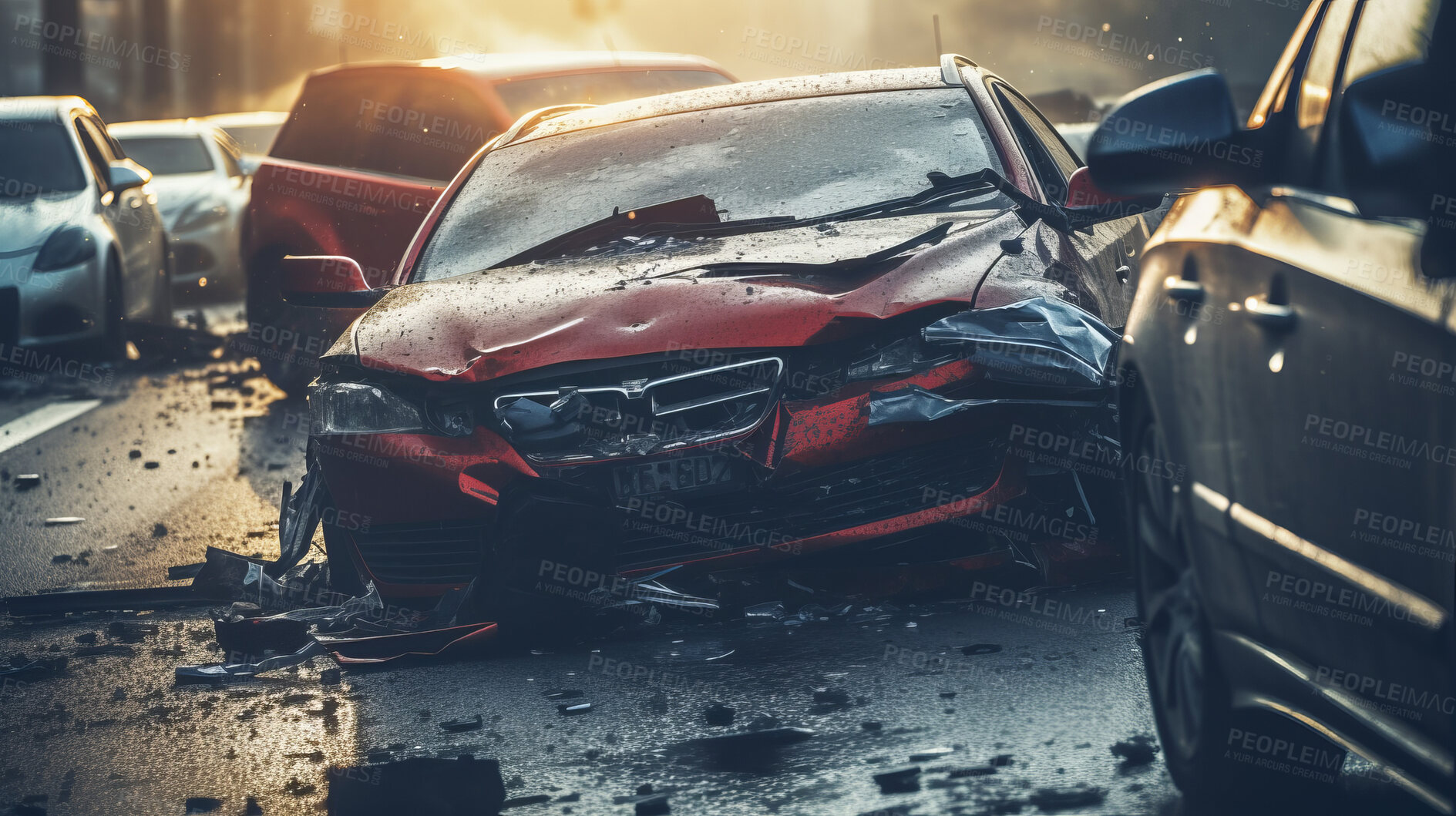 Buy stock photo Car crash road accident. Emergency insurance damage report