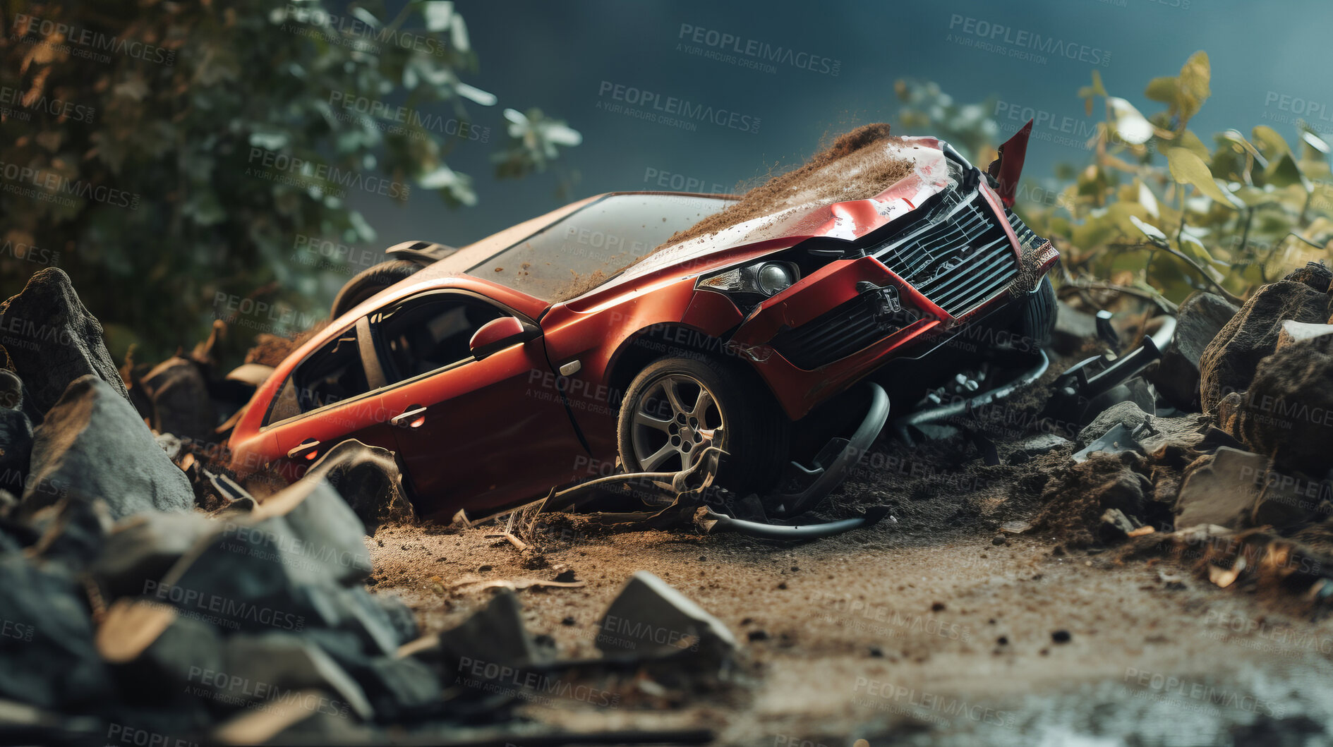 Buy stock photo Car crash road accident. Emergency insurance damage report