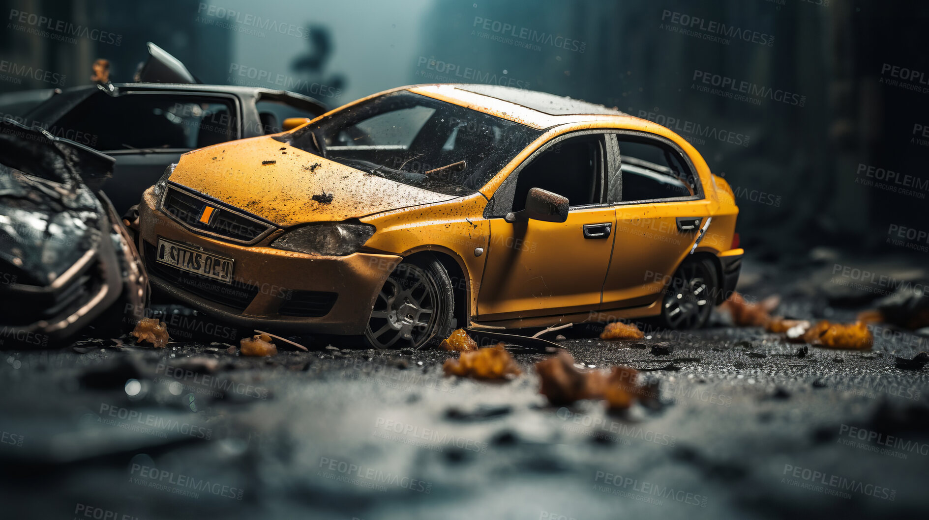 Buy stock photo Car crash road accident. Emergency insurance damage report