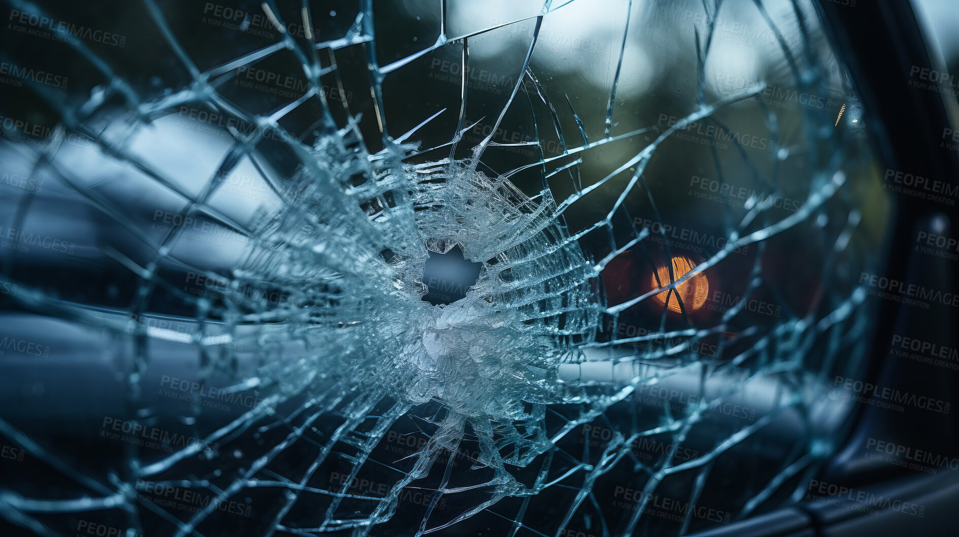 Buy stock photo Cracked broken glass car window. Smash accident damage.