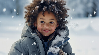 Buy stock photo African American Toddler boy wearing a coat, playing in the winter snow season