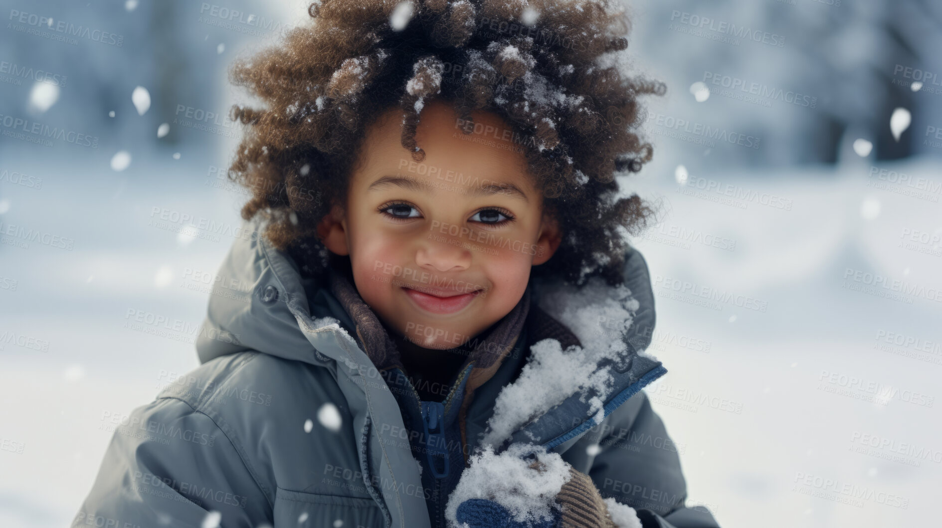 Buy stock photo African American Toddler boy wearing a coat, playing in the winter snow season