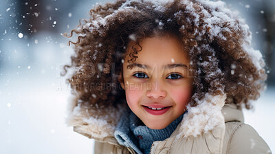 Buy stock photo African American Toddler girl wearing a coat, playing in the winter snow season