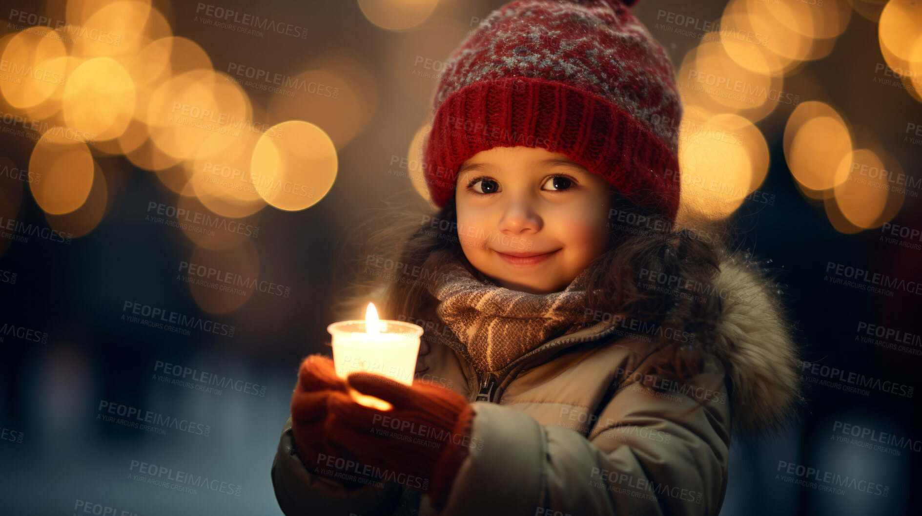 Buy stock photo Toddler at a Christmas market, holding a candle, colorful lights and Christmas Holidays