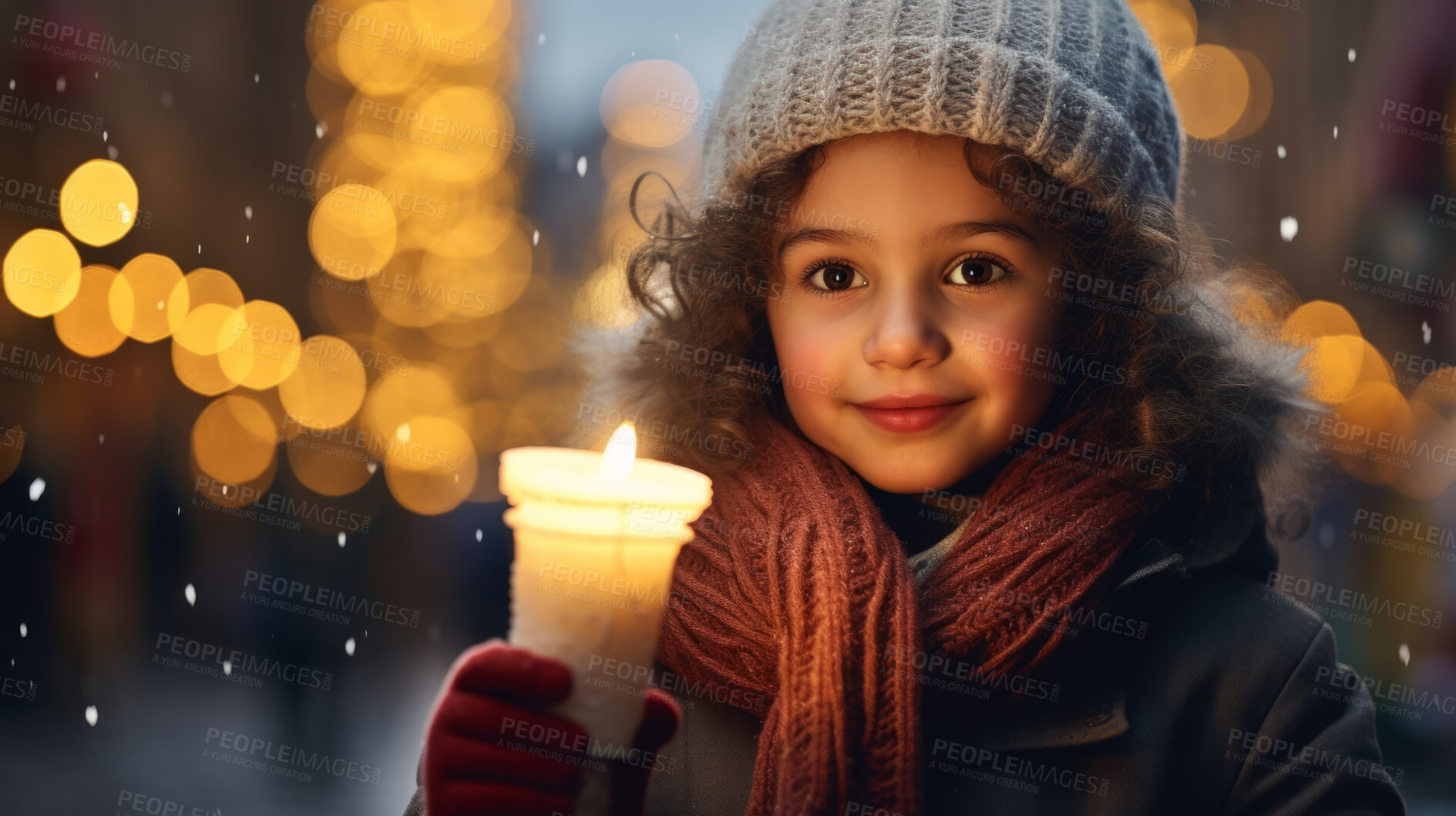 Buy stock photo Toddler at a Christmas market, holding a candle, colorful lights and Christmas Holidays