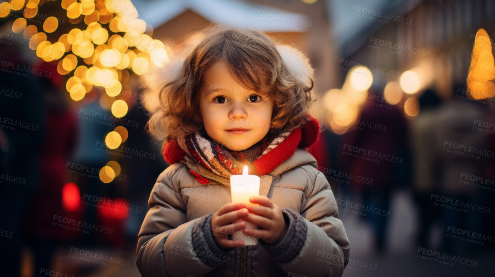 Buy stock photo Toddler at a Christmas market, holding a candle, colorful lights and Christmas Holidays