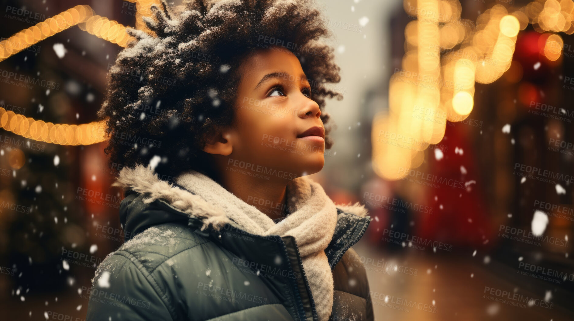 Buy stock photo Toddler at a Christmas market, christmas lights, winter snow white Christmas Holidays