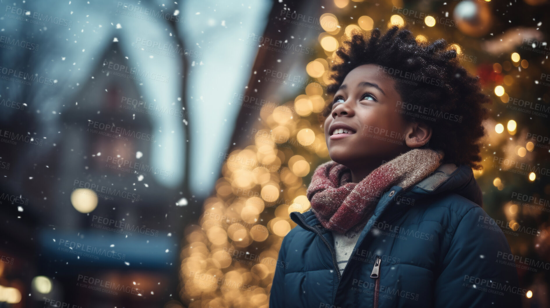 Buy stock photo Teen at a Christmas market, christmas lights, winter snow white Christmas Holidays