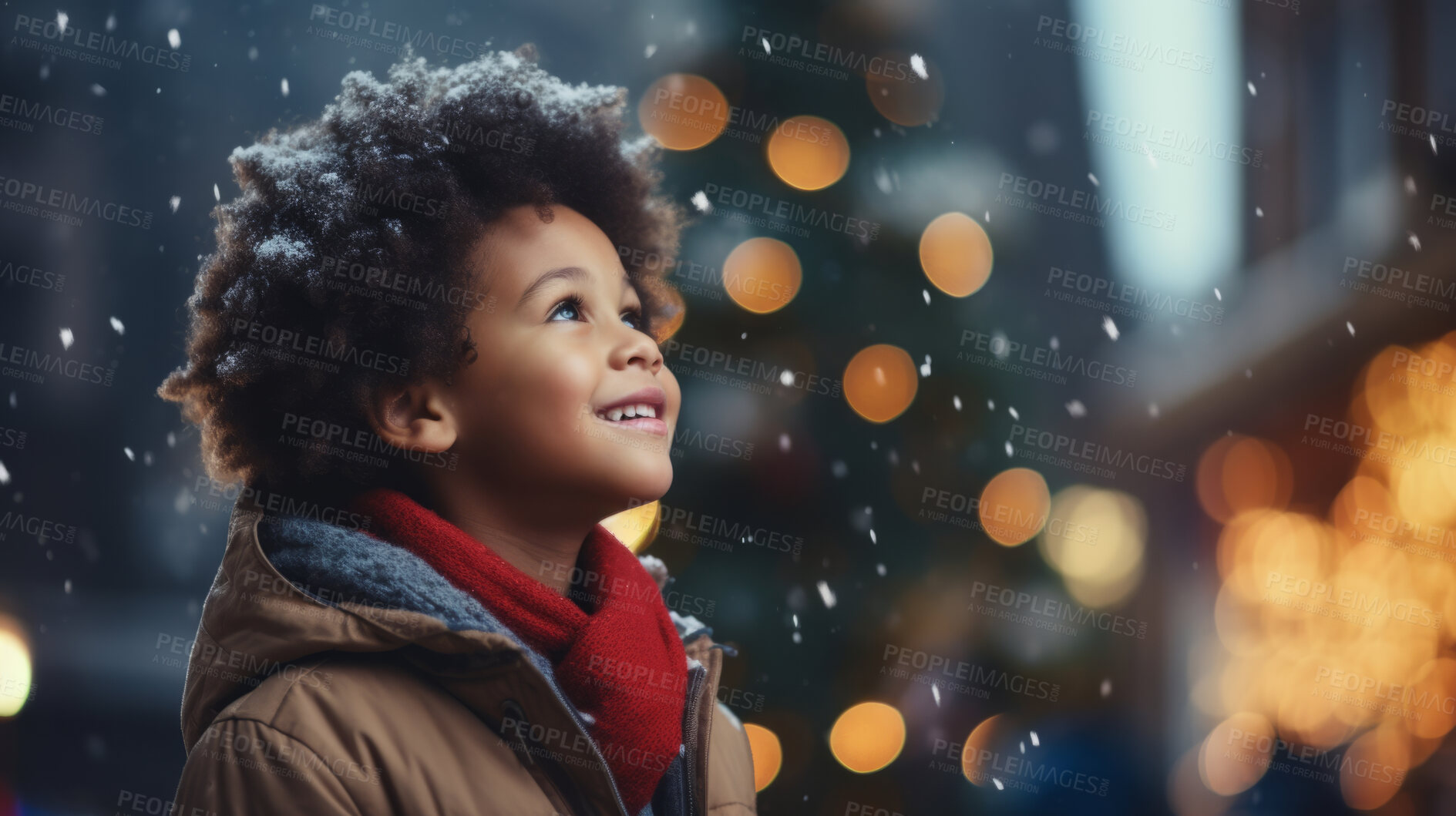 Buy stock photo Toddler at a Christmas market, christmas lights, winter snow white Christmas Holidays