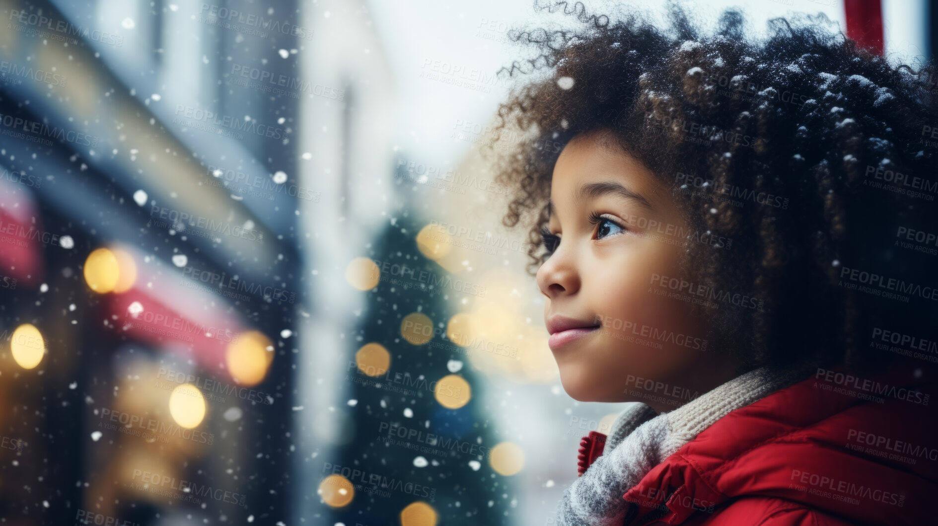 Buy stock photo Toddler at a Christmas market, christmas lights, winter snow white Christmas Holidays