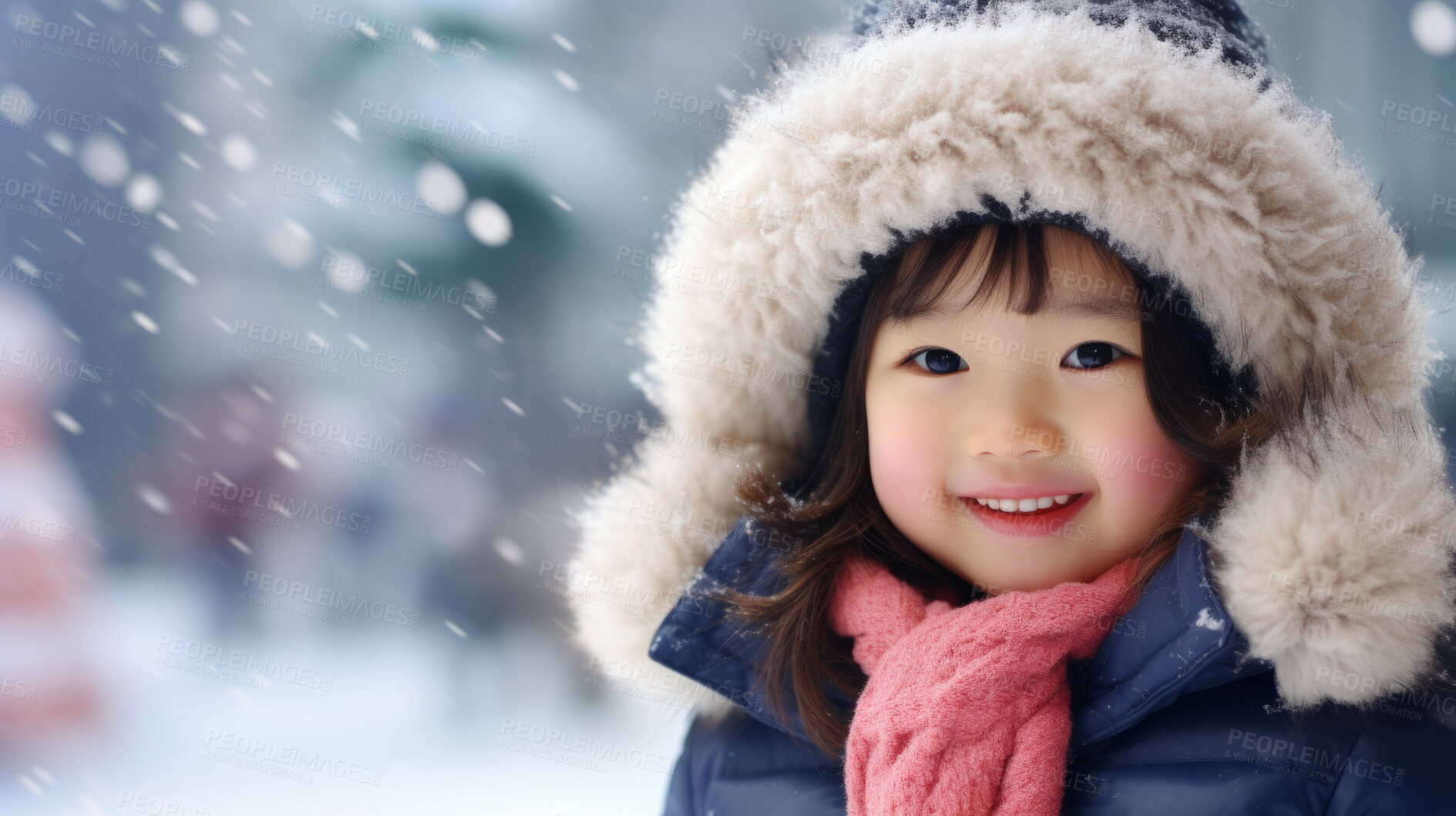 Buy stock photo Portrait of an Asian toddler girl enjoying the winter snow during the Christmas season