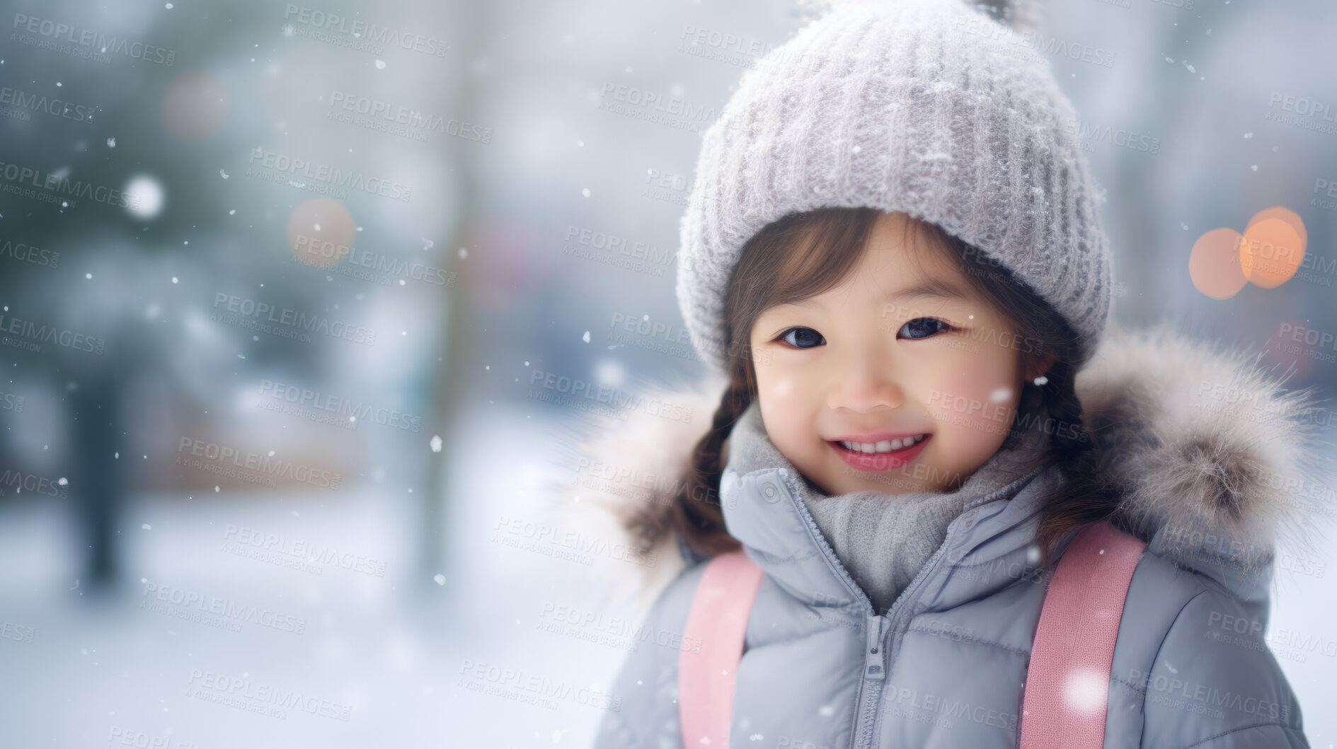 Buy stock photo Portrait of an Asian toddler girl enjoying the winter snow during the Christmas season