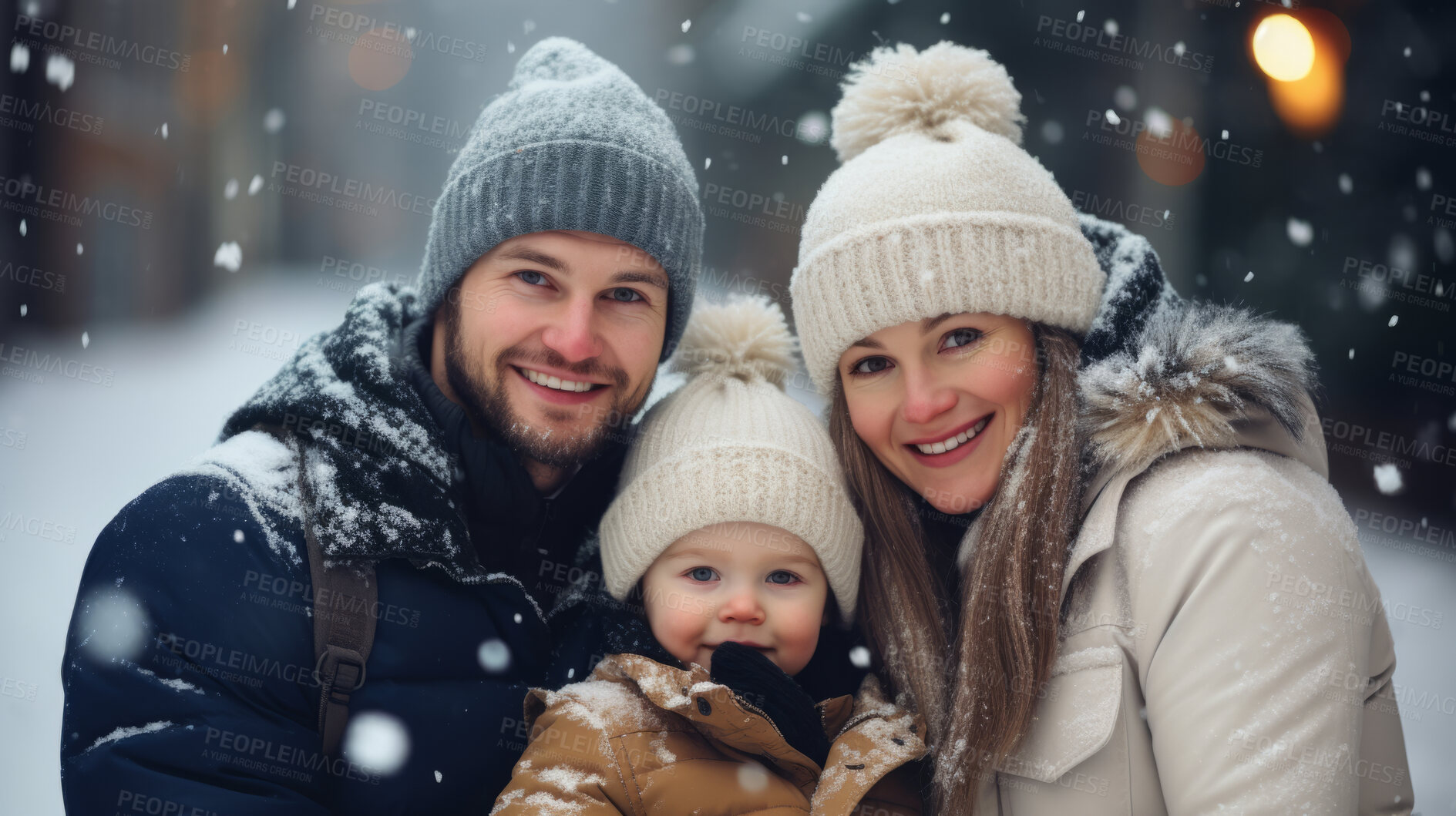 Buy stock photo Portrait of an American family enjoying the winter snow during the Christmas season