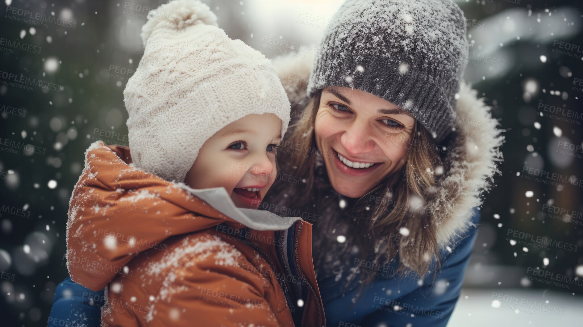 Buy stock photo Portrait of a mother and son family enjoying the winter snow during the Christmas season