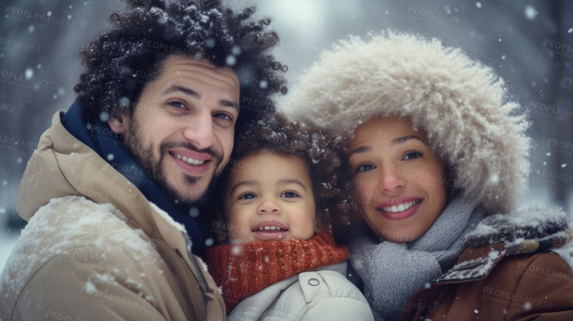 Buy stock photo Portrait of African American family enjoying the winter snow during the Christmas season