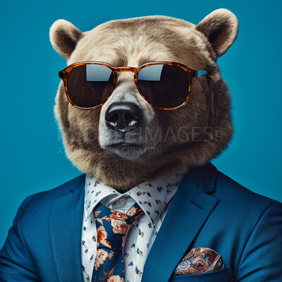Bear wearing glasses and suit for office style or business against a blue background
