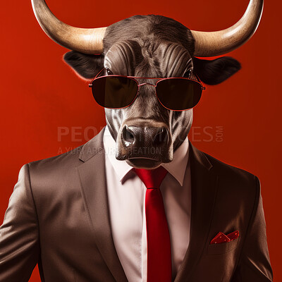 Buy stock photo Bull wearing glasses and suit for office style or business against a red background