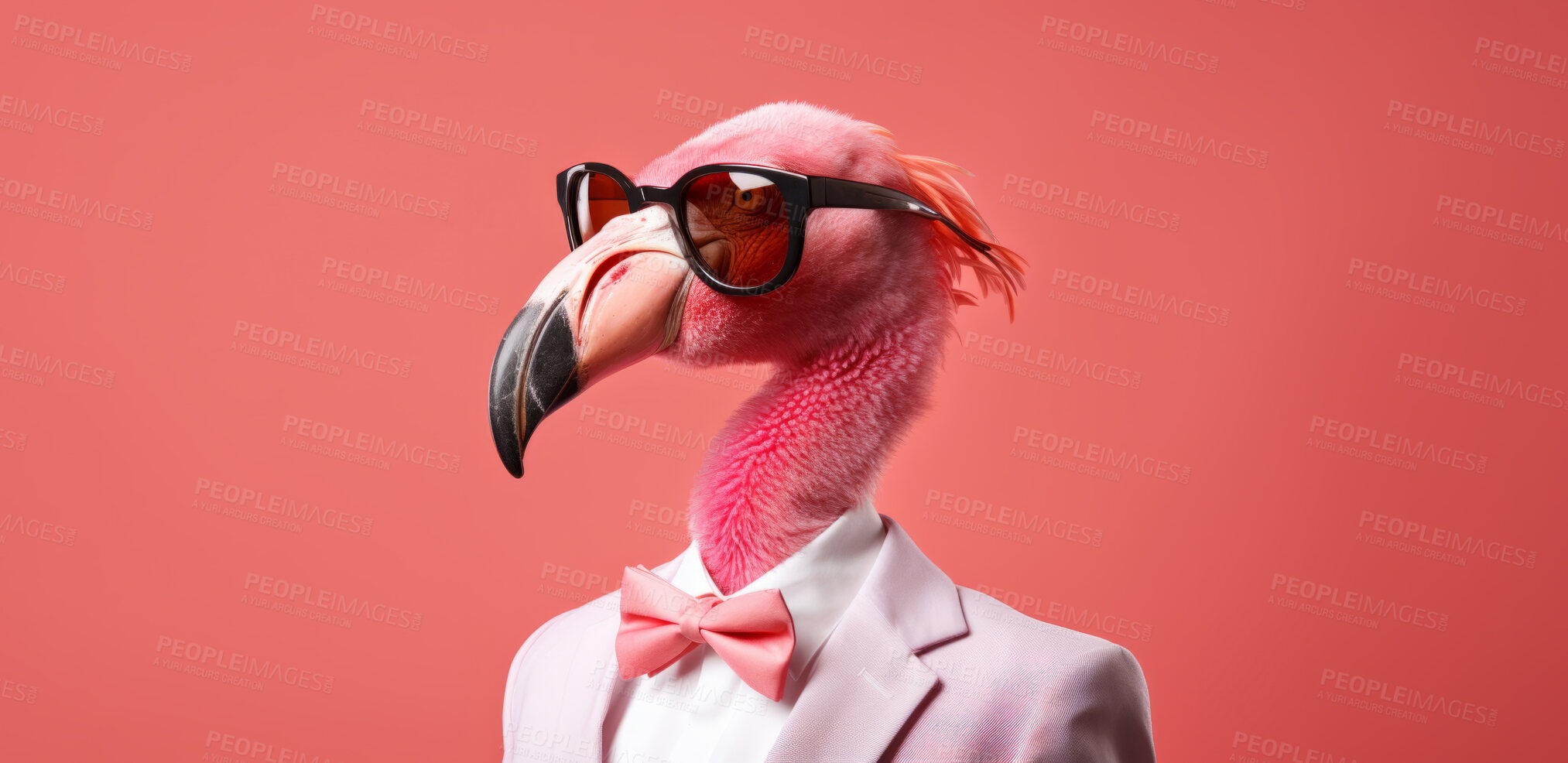 Buy stock photo Flamingo wearing glasses and suit for office style or business against a pink background