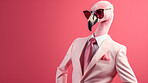 Flamingo wearing glasses and suit for office style or business against a pink background