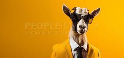 Buy stock photo Goat wearing glasses and suit for office style or business against a yellow background