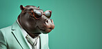 Hippo wearing glasses and suit for office style or business against a teal background