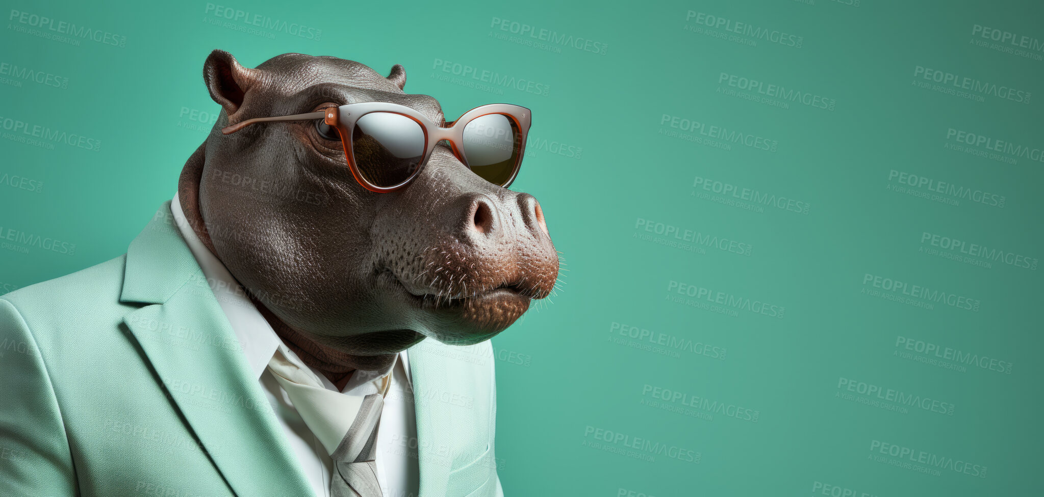 Buy stock photo Hippo wearing glasses and suit for office style or business against a teal background