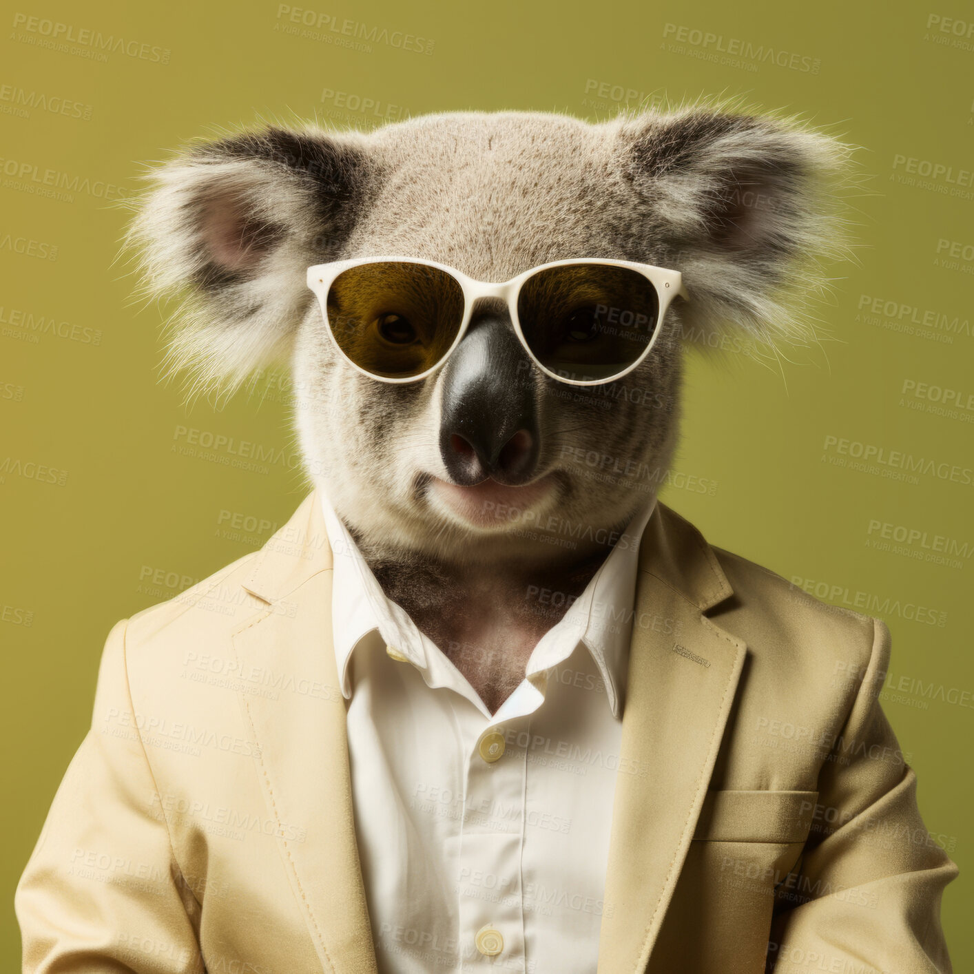 Buy stock photo Koala wearing glasses and suit for office style or business against a green background