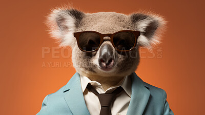 Buy stock photo Koala wearing glasses and suit for office style or business against an orange background