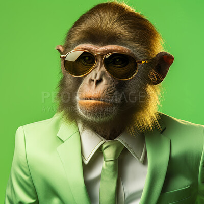 Monkey wearing glasses and suit for office style or business against a green background
