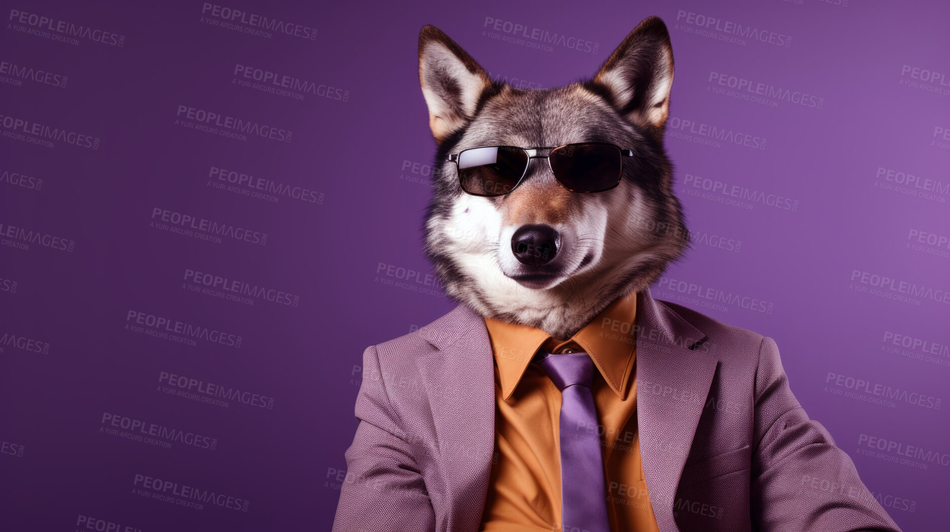 Buy stock photo Wolf wearing glasses and suit for office style or business against a purple background