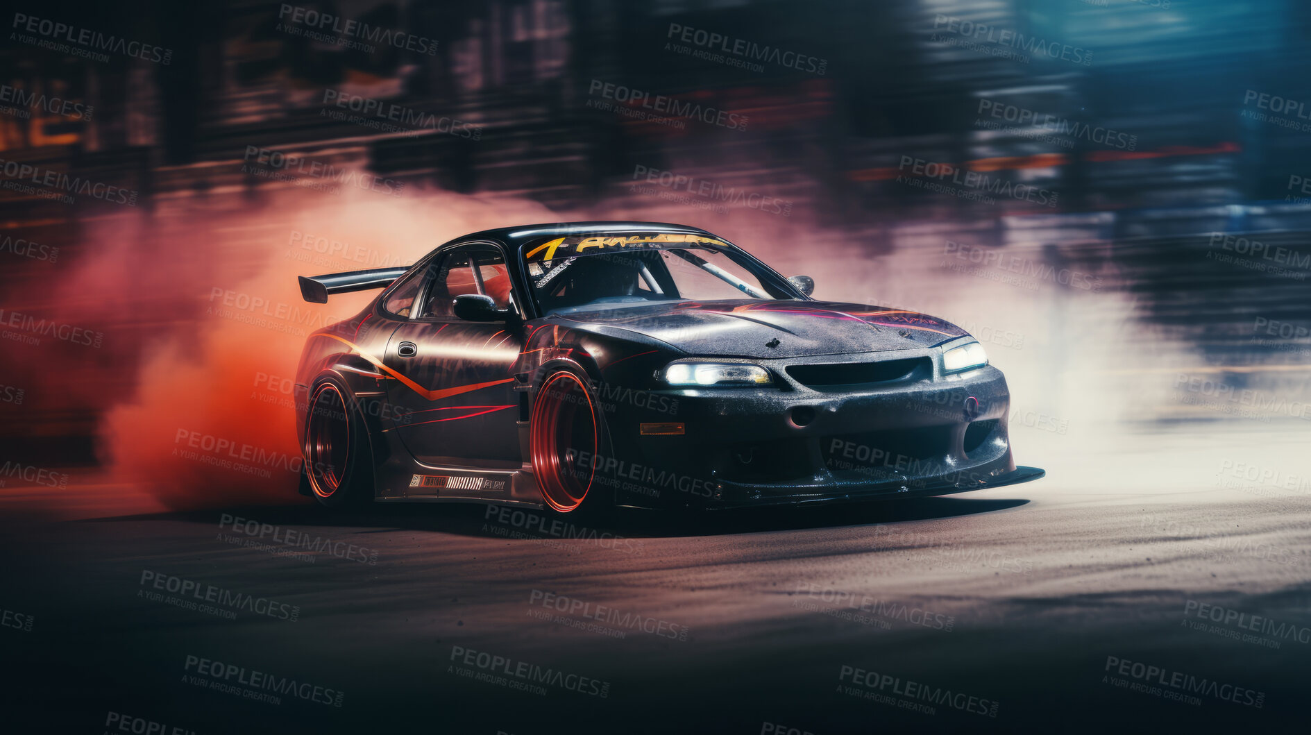 Buy stock photo Race car with smoke from burning tires on speed track. Victory business achievement