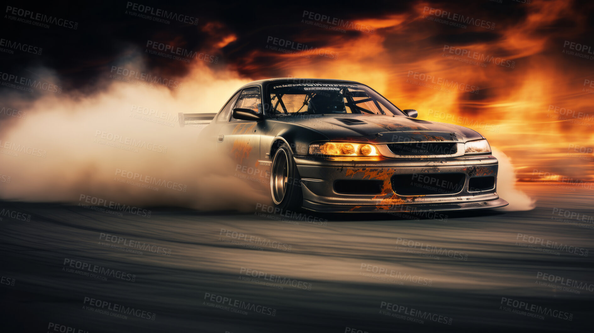 Buy stock photo Race car with smoke from burning tires on speed track. Victory business achievement