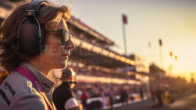 Motor race track supervisor with headphones. Professional safety