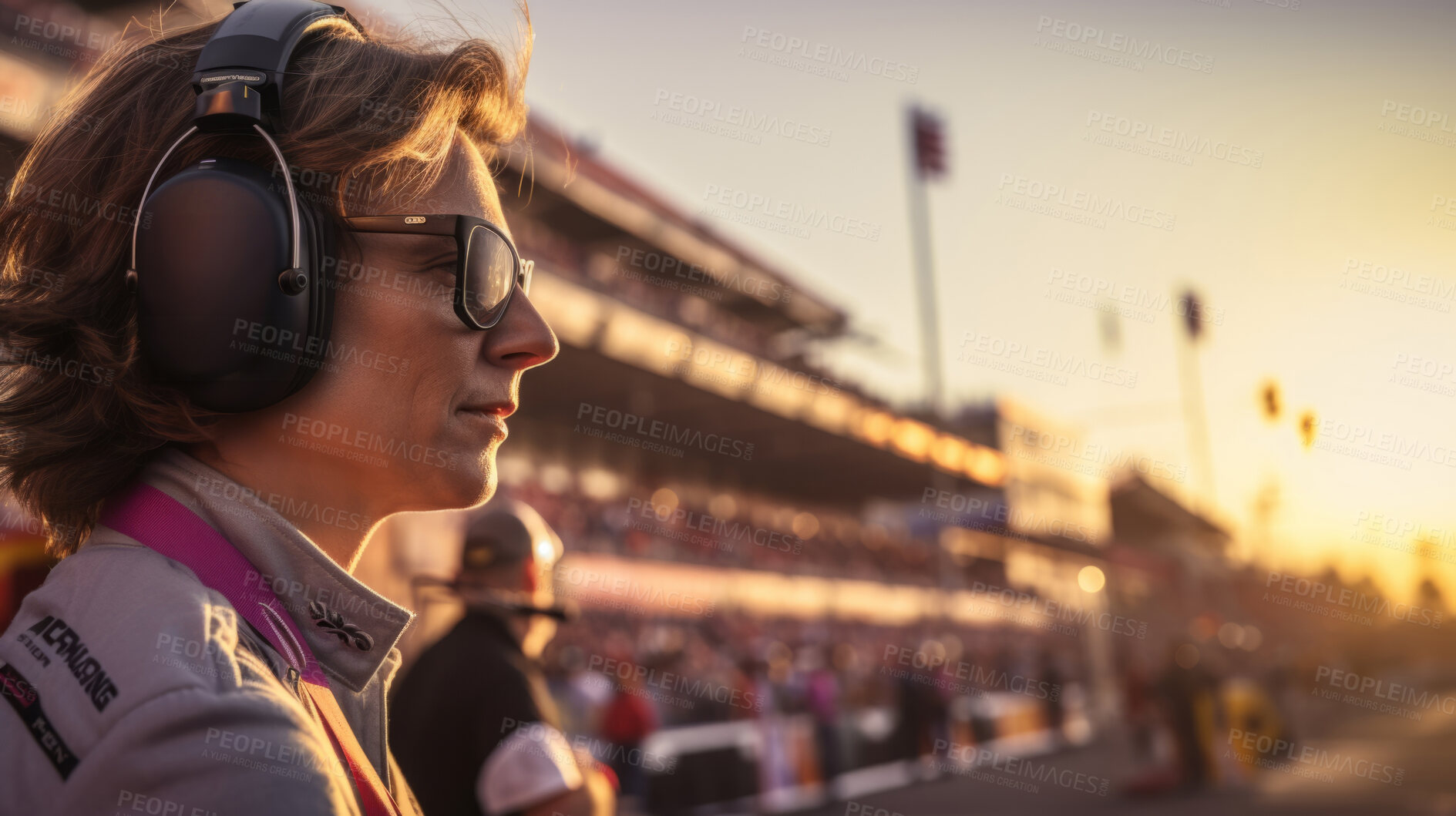 Buy stock photo Motor race track supervisor with headphones. Professional safety information manager