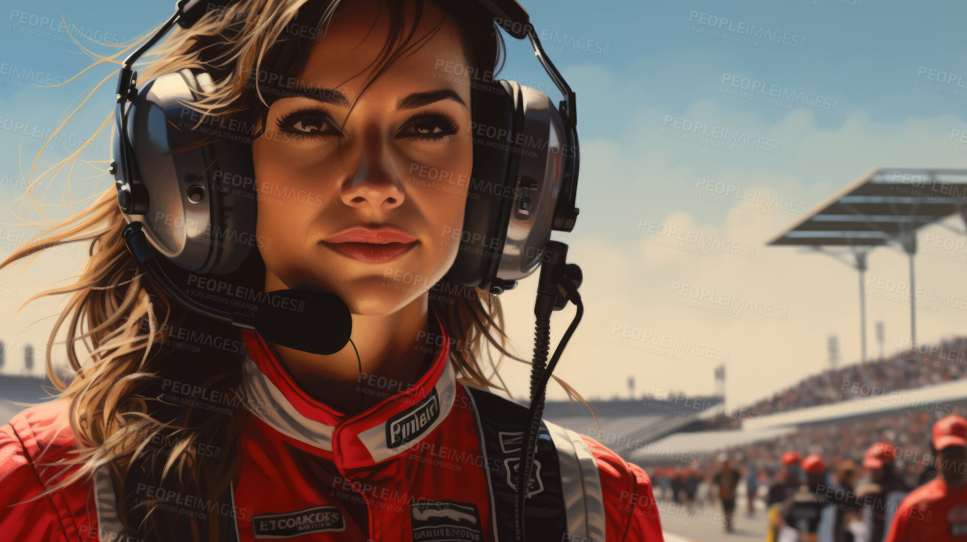 Buy stock photo Motor race track supervisor with headphones. Professional safety information manager