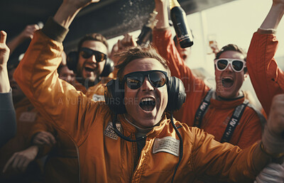 Buy stock photo Motorsports championship. Cheering team celebrates winning tournament.