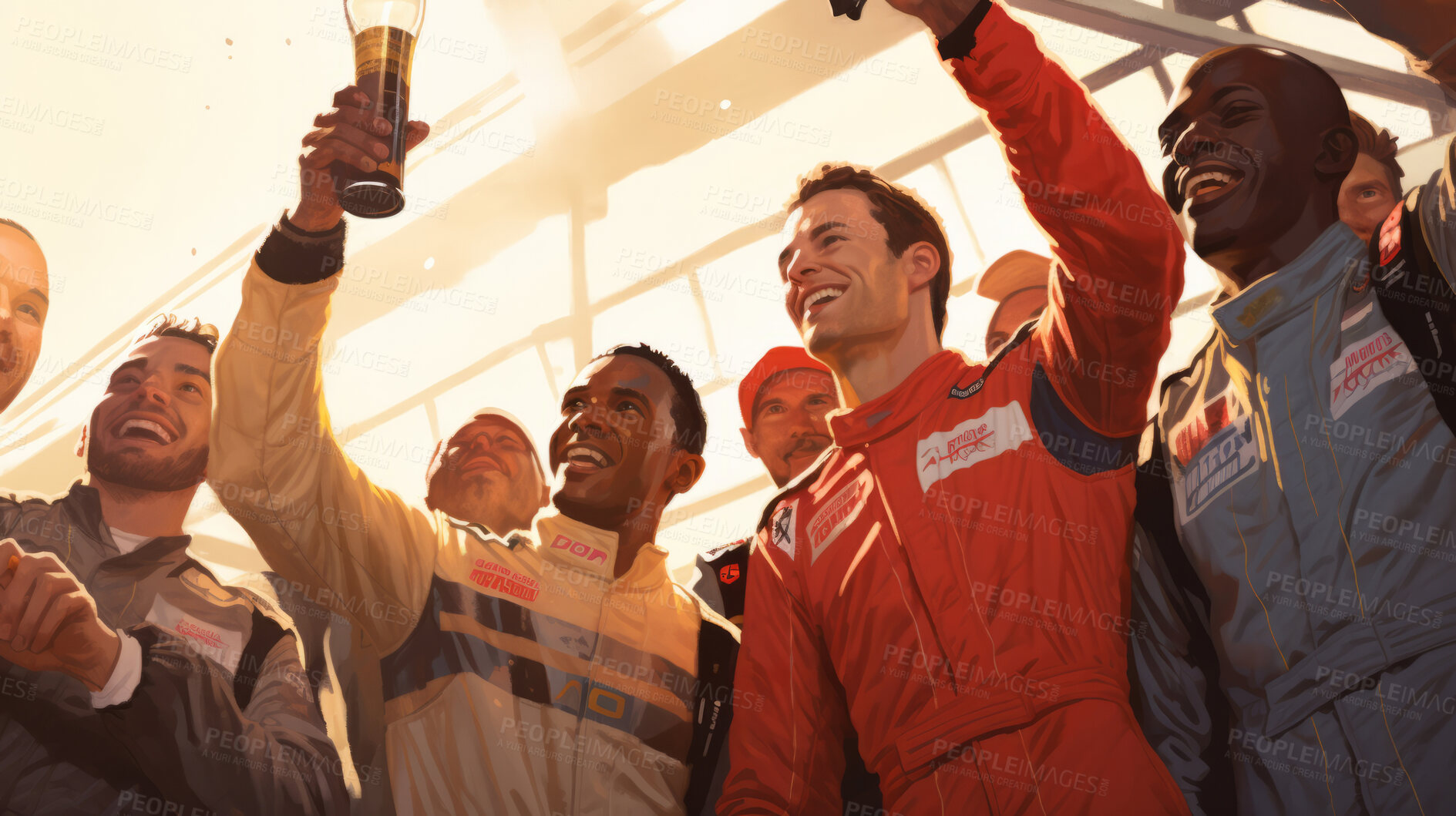 Buy stock photo Motorsports championship. Cheering team celebrates winning tournament.