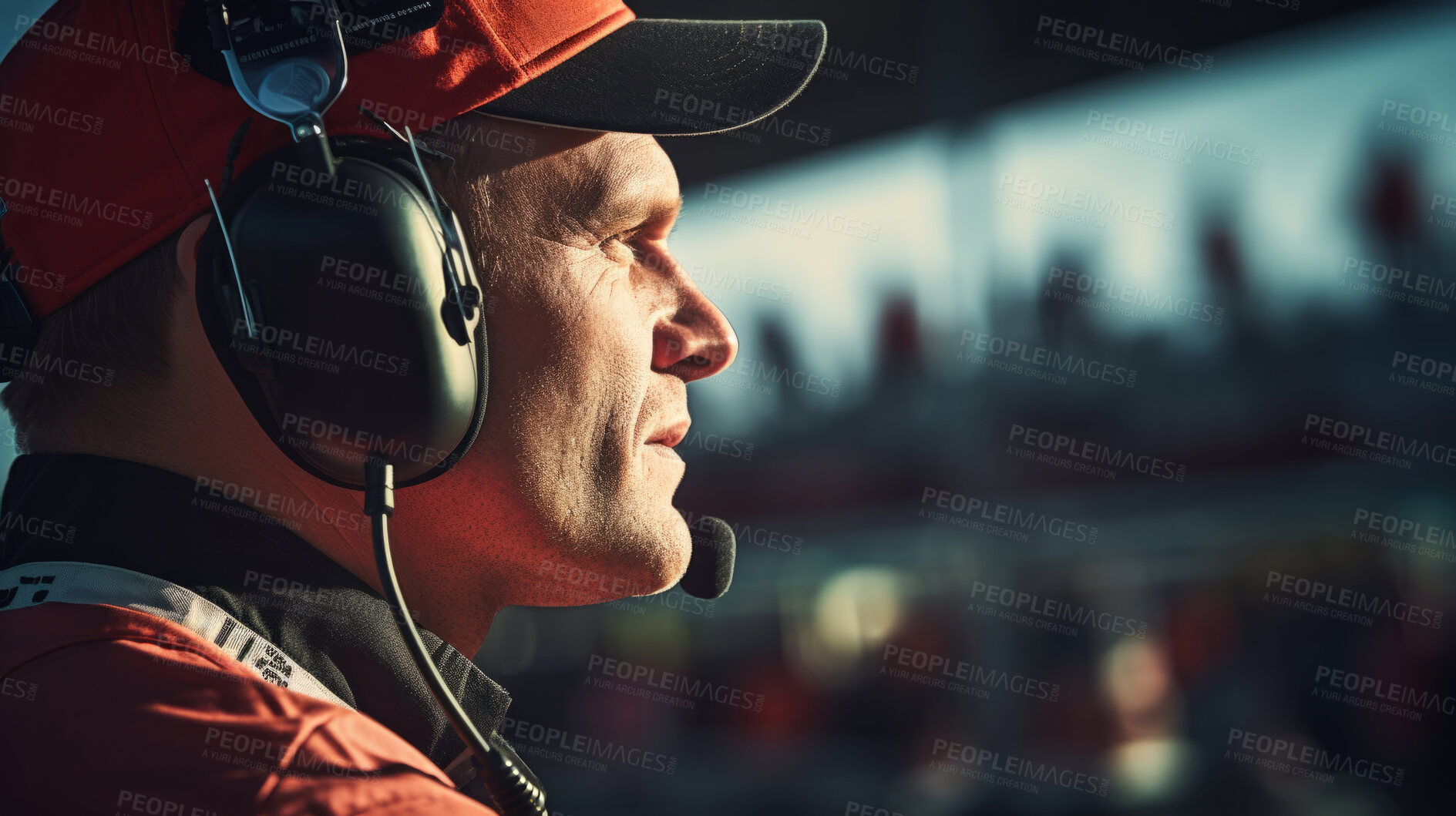 Buy stock photo Motor race track supervisor with headphones. Professional safety information manager