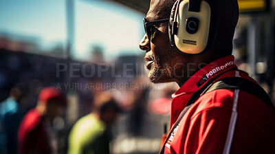 Buy stock photo Motor race track supervisor with headphones. Professional safety information manager