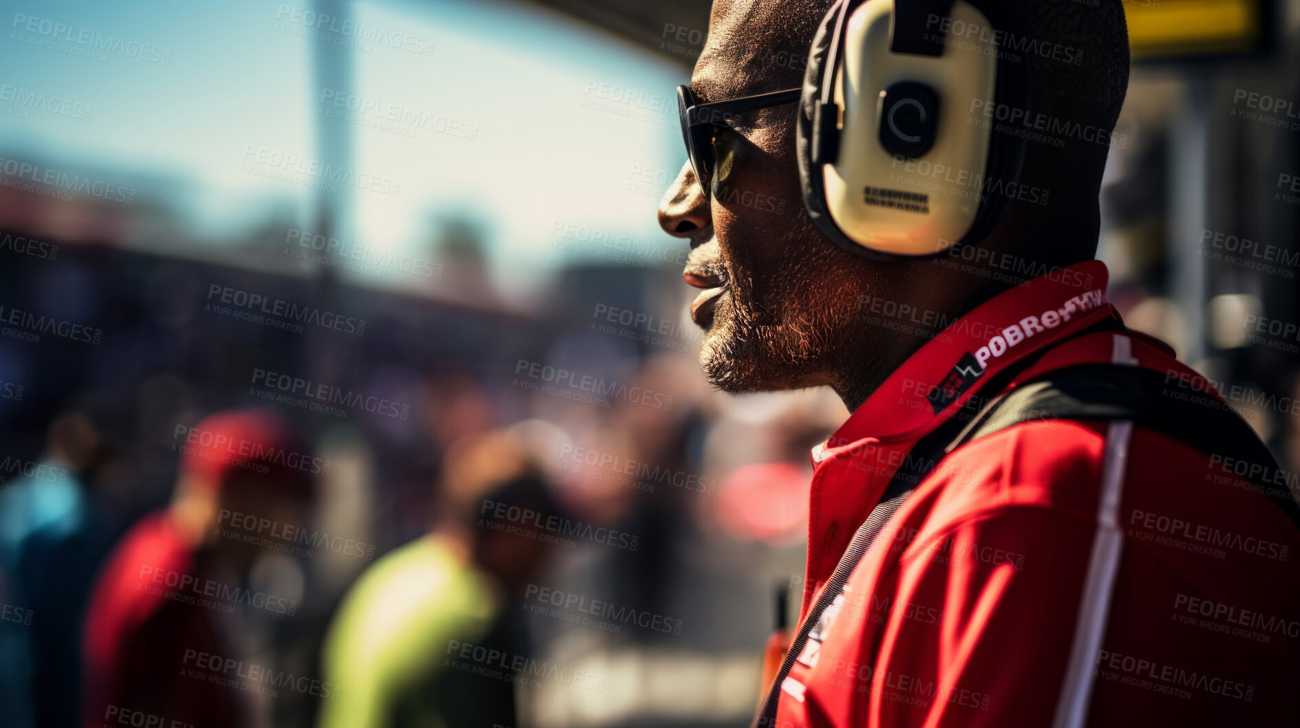 Buy stock photo Motor race track supervisor with headphones. Professional safety information manager