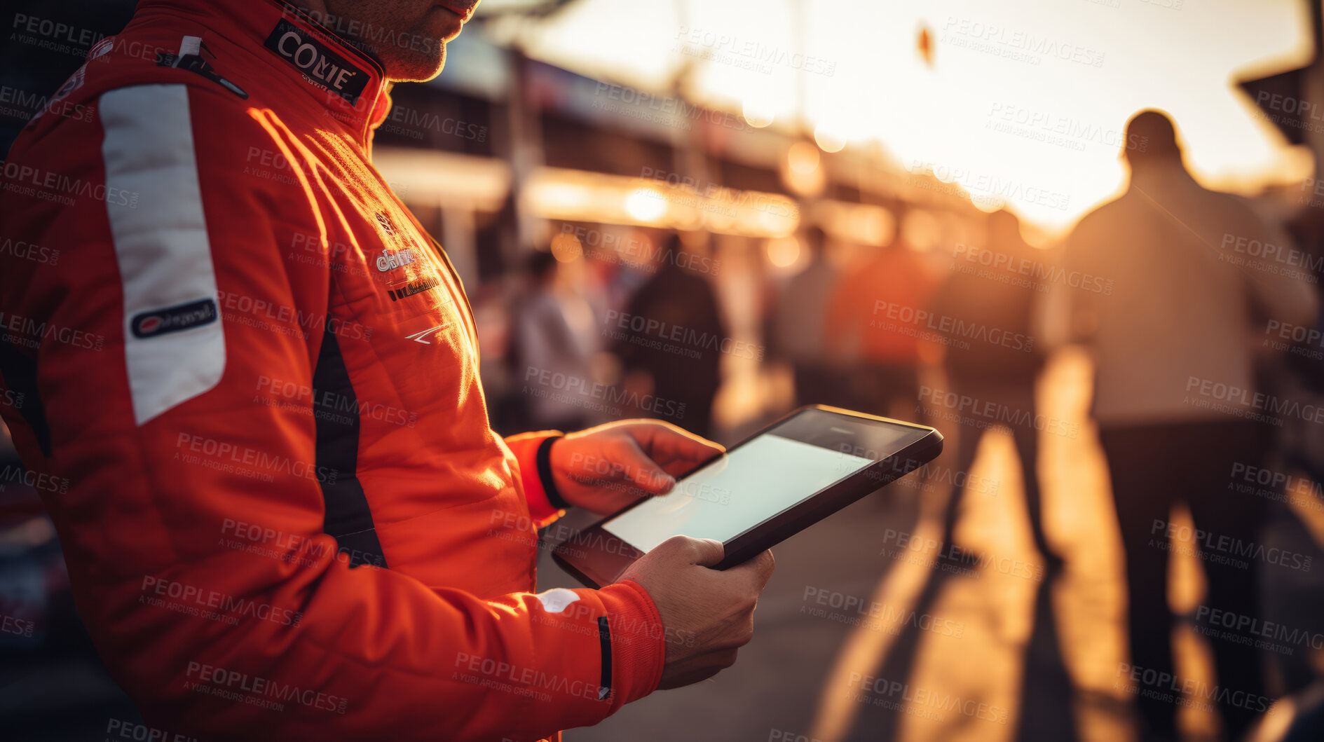 Buy stock photo Motor race track supervisor with iPad. Professional logistics information manager