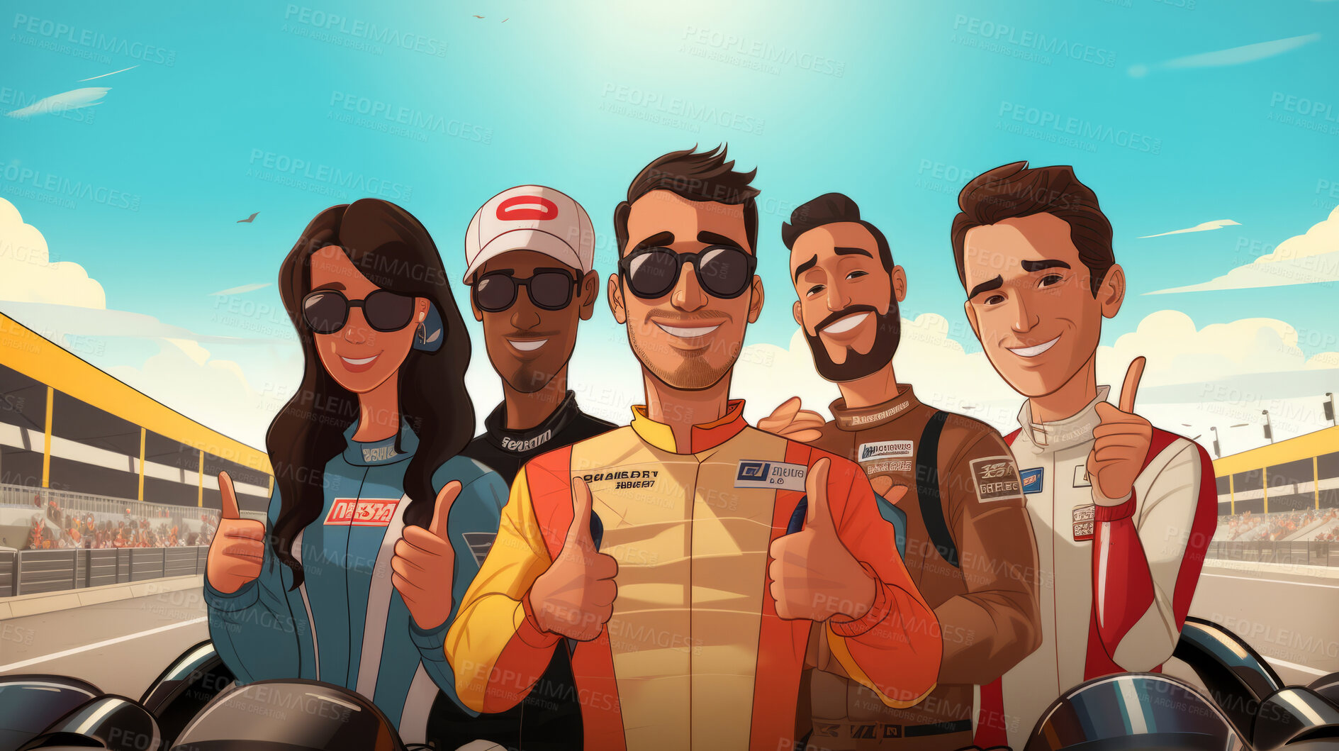 Buy stock photo Motorsports championship. Happy teams competing in tournament thumbs up