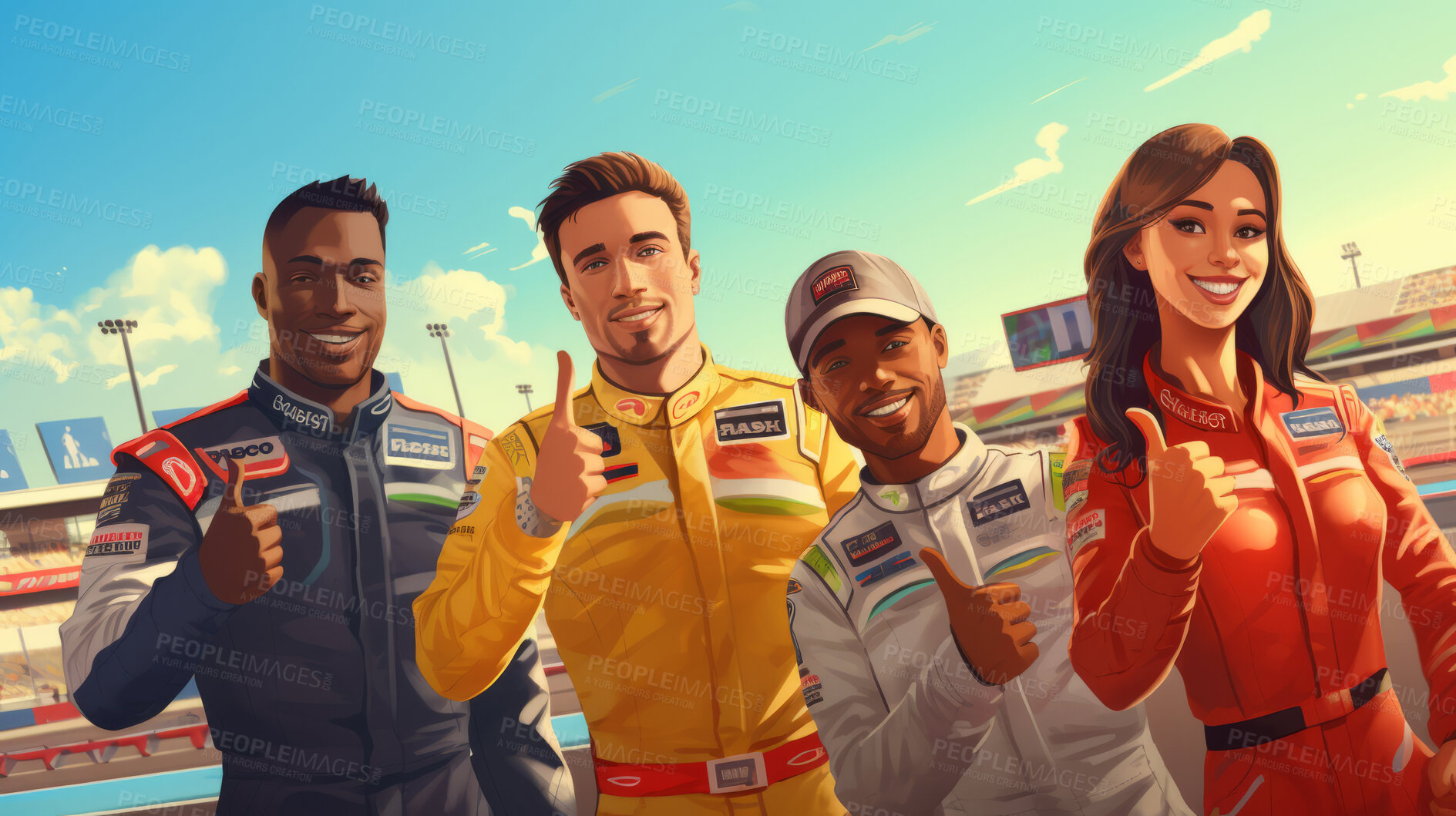 Buy stock photo Motorsports championship. Happy teams competing in tournament thumbs up