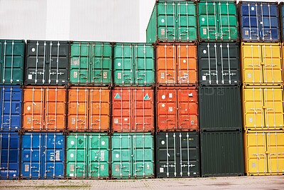 Buy stock photo Storage container cargo at harbour ready for import and export. Freight delivery awaiting inspection during shipping crisis by customs before being shipped for distribution. Maritime logistics delay