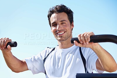Buy stock photo Happy man, fitness and portrait in shoulder press at park for gym workout, exercise or training in nature. Fit, active or strong male exercising on outdoor machine for muscle, chest or healthy cardio