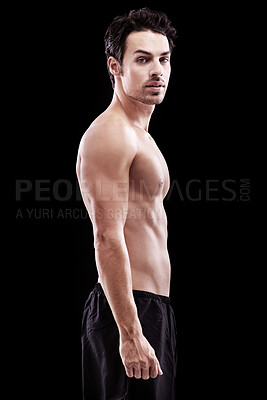 Buy stock photo Portrait, man and bare bodybuilder on black background, dark studio and muscular abdomen tattoo. Sexy, serious and strong male model, sports athlete and fitness power for exercise, training or muscle