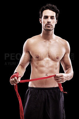 Buy stock photo Sports man, challenge and boxer in portrait studio for professional competition for workout. BoxIng, training and hand for fight with exercise for the body with focus and motivation for fitness.