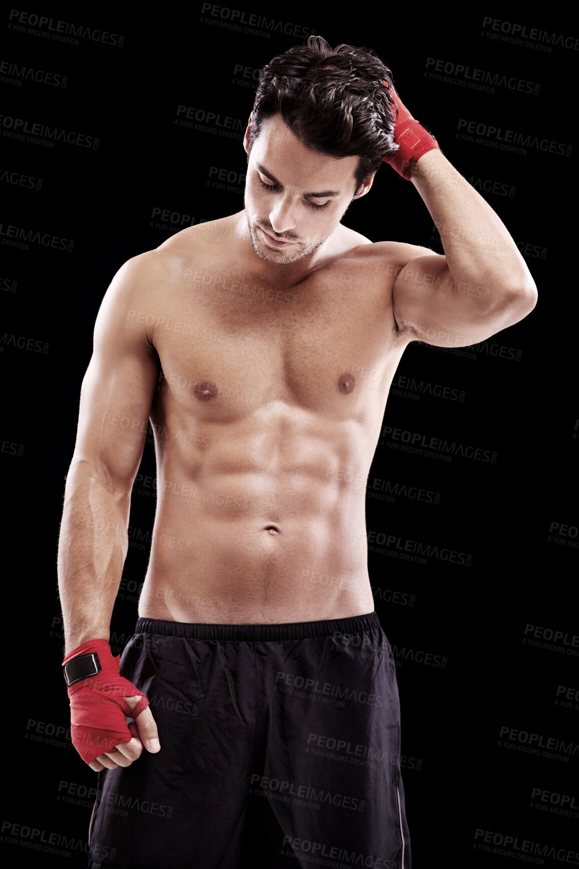 Buy stock photo Fight, thinking and a man for boxing training isolated on black background in studio. Serious, idea and a professional athlete boxer with ideas and planning a cardio workout for fitness and exercise