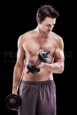 Buy stock photo Fitness, man and dumbbell training on black background, dark studio and gym workout. Topless bodybuilder, sexy sports athlete and weights for muscle exercise, strong performance or power in challenge