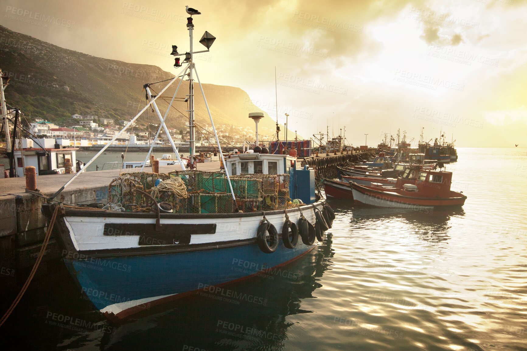 Buy stock photo A view of a fishing trawler in the harbor